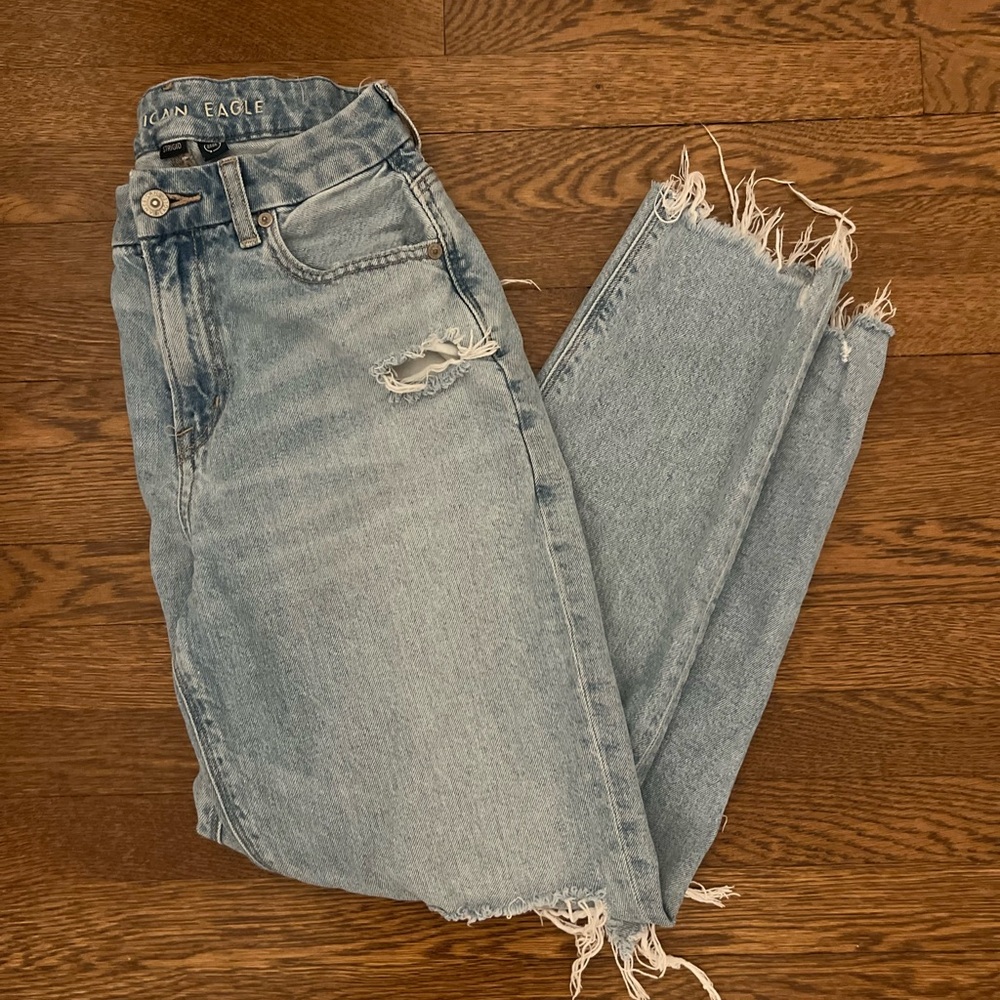 American Eagle Outfitters Blue Straight Leg Jeans with Distressed Details